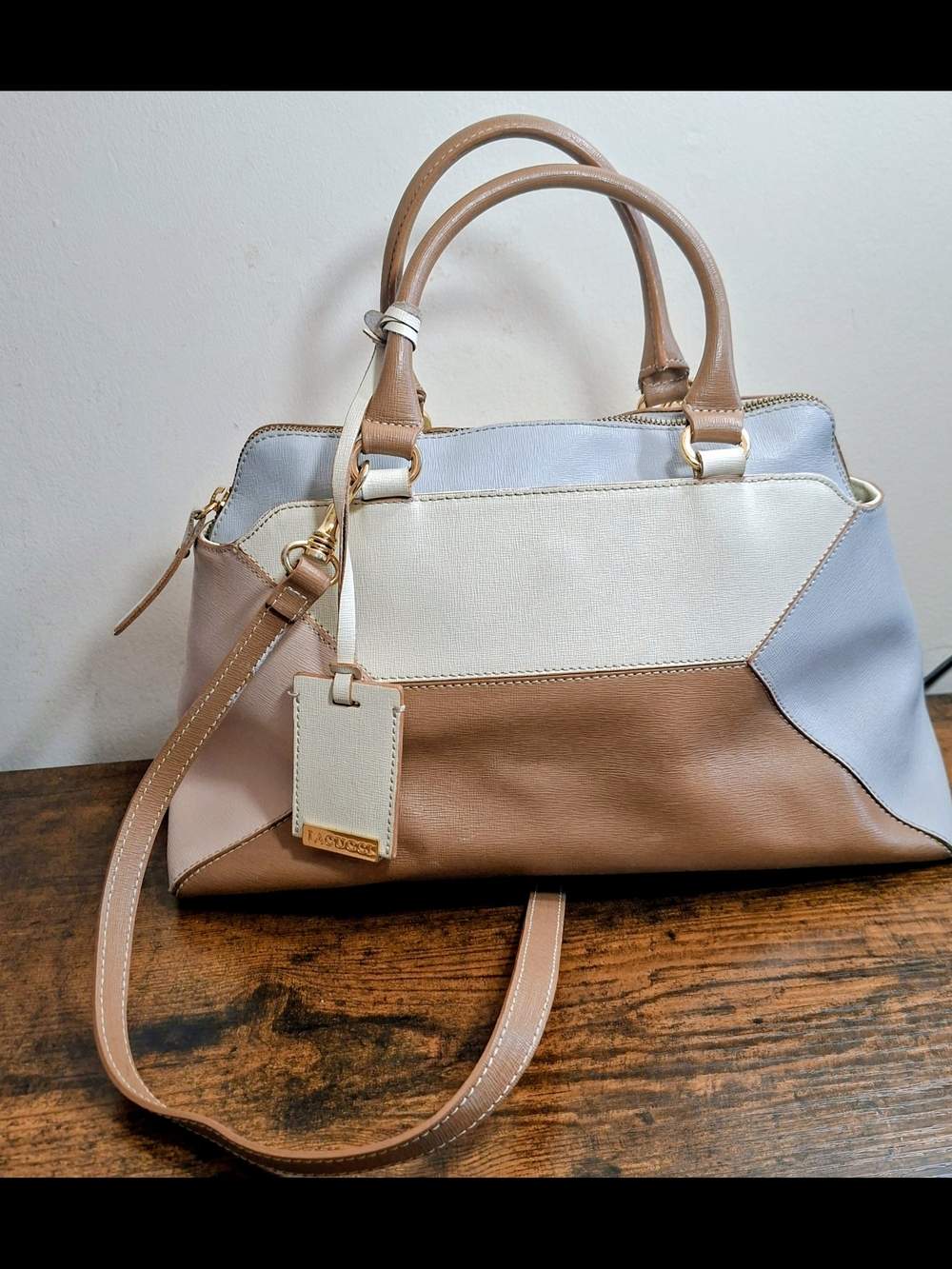 IACUCCI Genuine Leather Colorblock Satchel Handbag Shoulder Bag Cream Tan Cappuc
